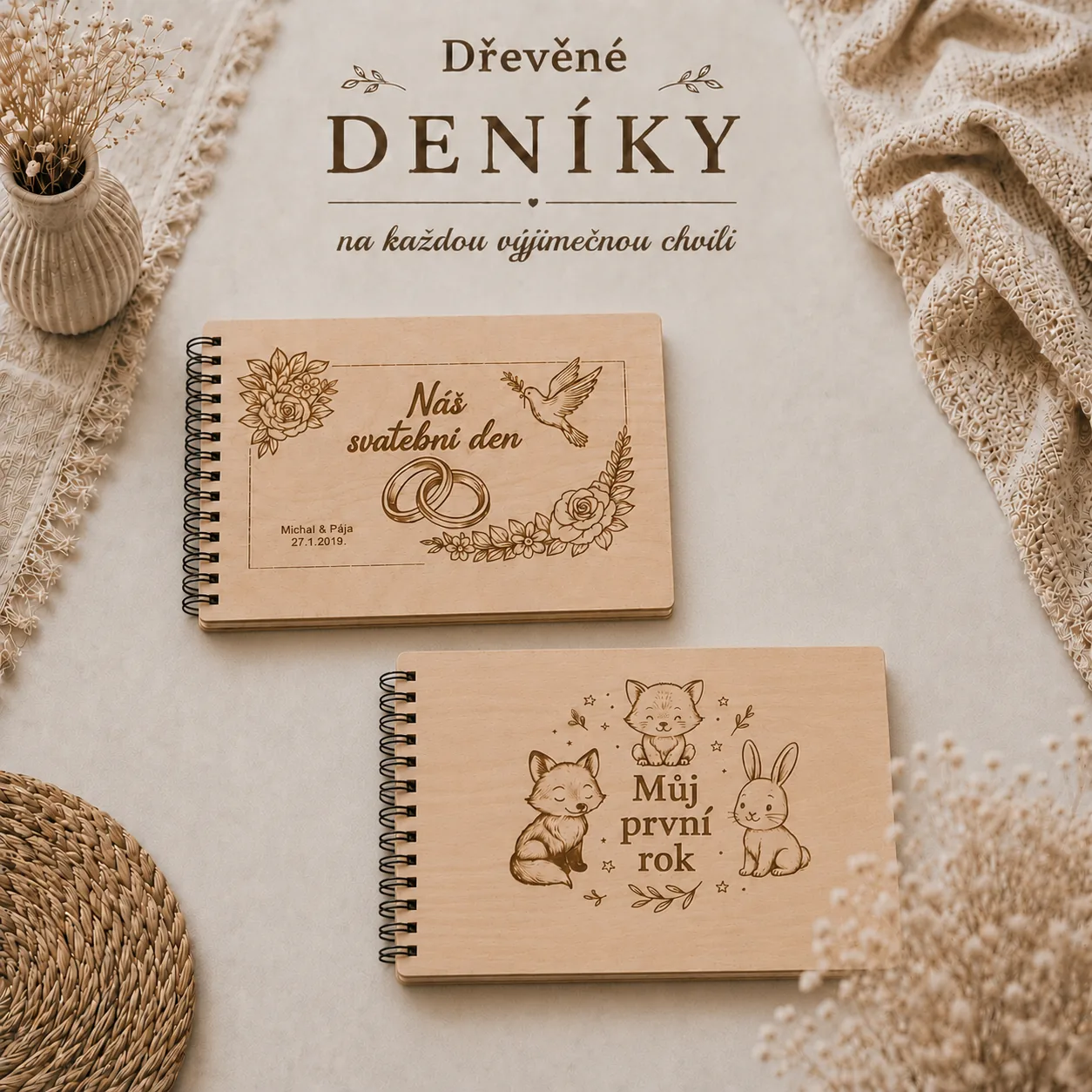 Gravírované dřevěné deníky